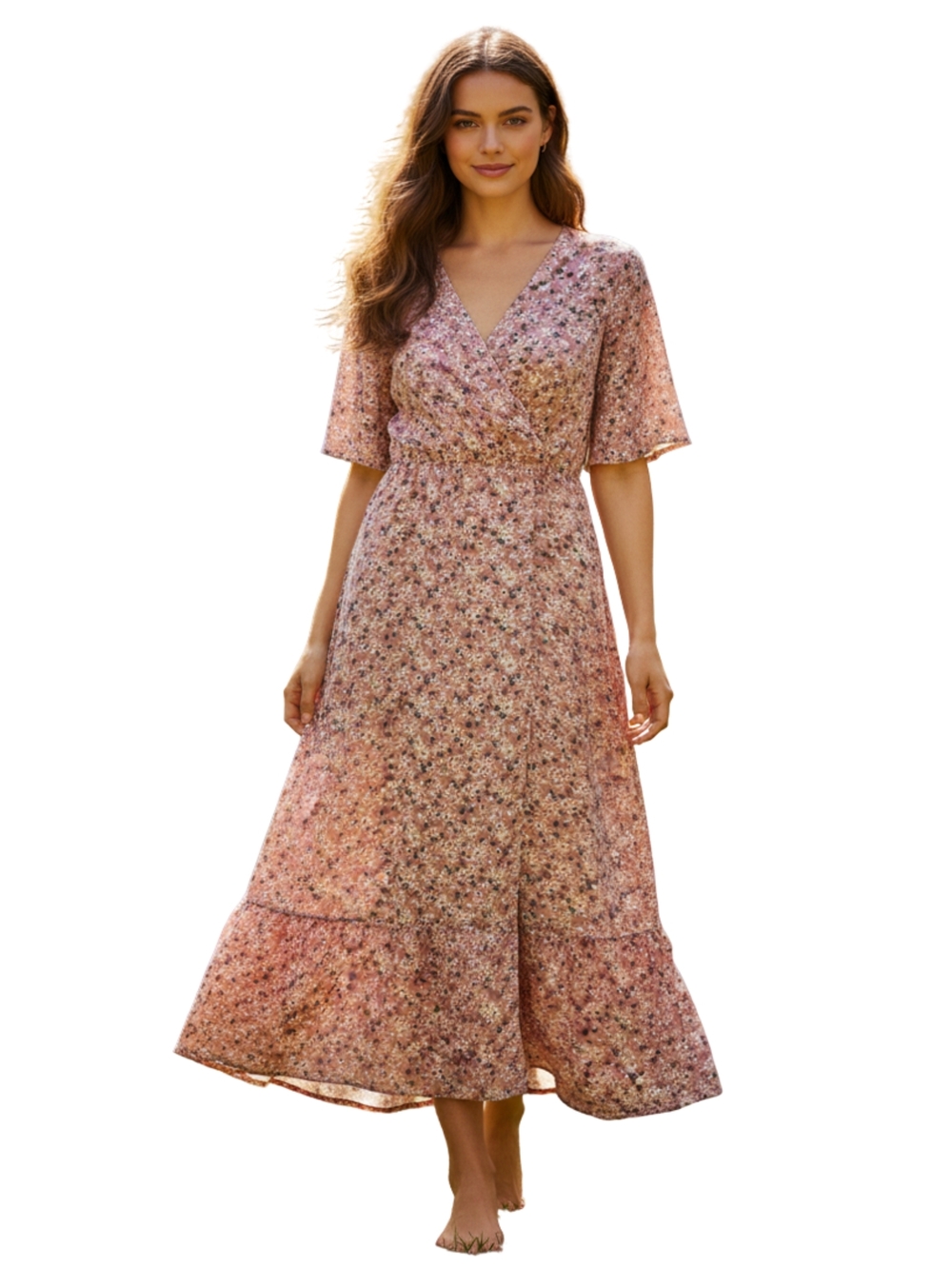 Floral Dusty Rose Wrap-Style Maxi Dress